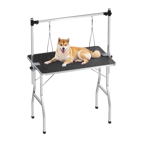 WilTec Table de toilettage canin et félin - 105 x 61,5 x 160 cm - Structure Pliable - avec 2 Sangles - Surface de toiletteur Soins Grooming pour Chiens et Chats