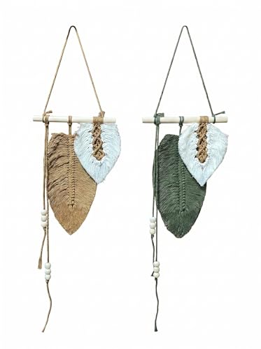 Image of JH Gallery Handmade Macrame Leaf Wall Hanging for Home Decor (Brown, Green, White) - Boho Cotton Leaf Tapestry, Macrame Wall Decor for Bedroom, Living Room & Balcony Decor.(Pack of 2)