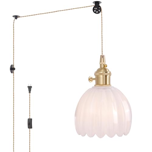 Image of Shenmoyl Plug in Pendant Light Hanging Light Fixture Corded On /Off Switch Brass Pendant Light with White Tulip Glass Lampshade for Bedroom Living Room Kitchen Island