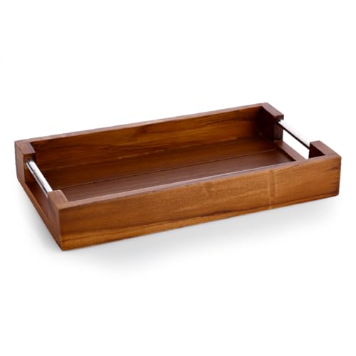 Image of Crystal Teak Wood INOX Rectangular Serving Tray | for Home, Kitchen, Restaurant, Office Organizer, Dining Table | Premium Wooden Trays | Small - 28 X 15 X 4.5 Cm | Handcrafted in India