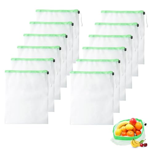 QINGYIWL 12 Stück Obst Gemüse Netztasche, 35 x 30 cm Wiederverwendbar Netzbeutel mit Kordelzug, Waschbar durchsichtige Netzbeutel für Lebensmittel, Gemüse, Obst, Spielzeug