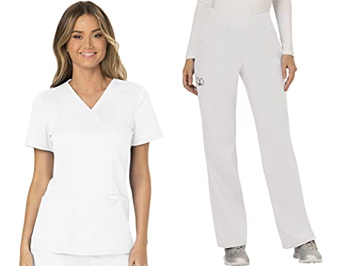 Cherokee Scrub Set For Women, Modern Classic Fit Mock Wrap Top WW610 With Mid Rise, Straight Leg Pant WW110