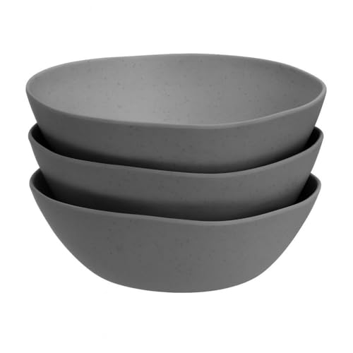 Juego de 3 ensaladeras de melamina en color gris de 23 cm. Resistentes y ligeras, ideales para servir ensaladas o guarniciones. Apto para lavavajillas. No apto para microondas.