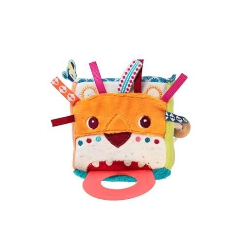 Lilliputiens - Cubo de despertar multi-actividad Jack el León - Juguete interactivo de tela con espejo, anillo de dentición y sonidos - Estimula la motricidad - 8 cm - Para bebés desde 3 meses - 83123