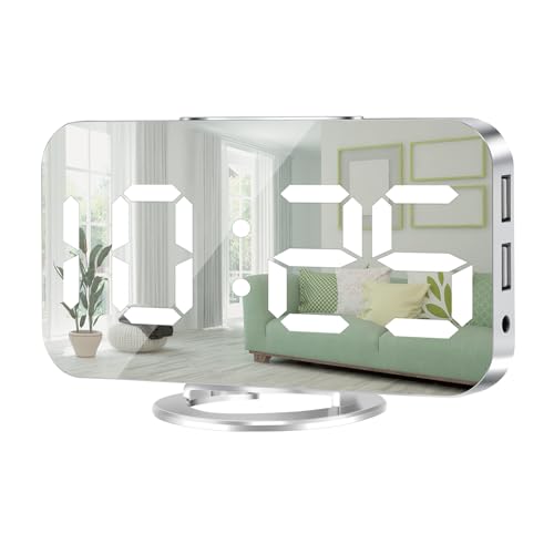 Muoigoe Reloj despertador digital, pantalla grande LED y espejo reloj de escritorio con dos puertos de carga USB, 3 niveles de brillo, relojes despertadores de 12/24 horas, reloj electrónico moderno