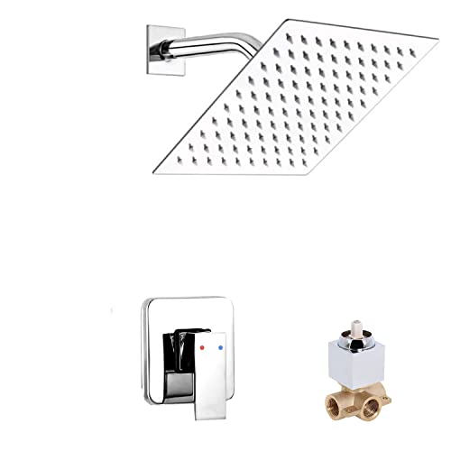 Chrome Shower Faucet GGStudy Single Function Shower Trim Kit with Rough-in Valve Shower Set Bath Rainfall Shower Faucet System 8inch Square Stainless Steel Metal Shower Head