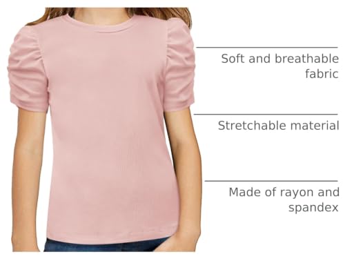 Image of Arshiner Girls Puff Short Sleeve Shirts Summer Ribbed Knit Crewneck T Shirt Tops Tee Blouse
