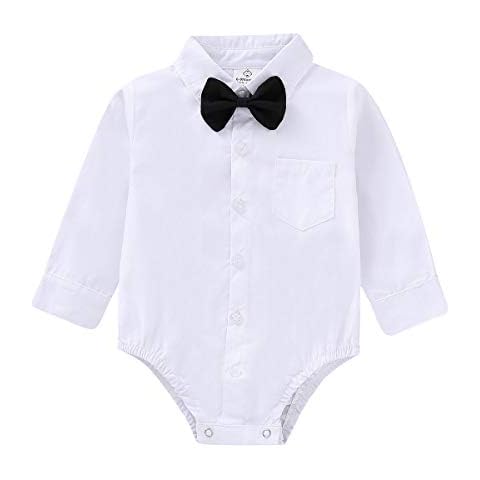 OPAWO Baby Boy Dress Shirt Long Sleeve with Bow-tie Gentleman Bodysuit for Wedding Party Photo Shoot Outfits 0-24 Months (12-18 Months, White) Cover