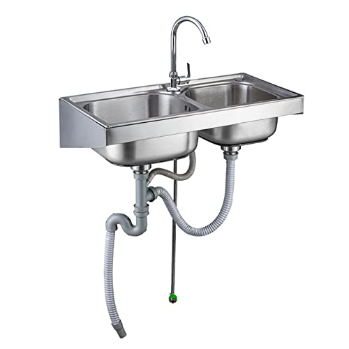 Fregadero De Lavabo Doble Simple de Acero Inoxidable Comercial,fregadero de Preparación Para Cocina de Restaurante Con Grifo De Agua Caliente Y Fría Lavabo Con Desagüe,para Lavadero/baño Cover