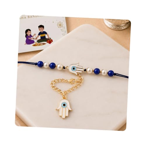 Image of I Jewels Hamsa Enamel Evil Eye Lumba Rakhi Set for Brother and Bhabhi with Roli Chawal and Rakshabandhan Card | Couple Rakhi