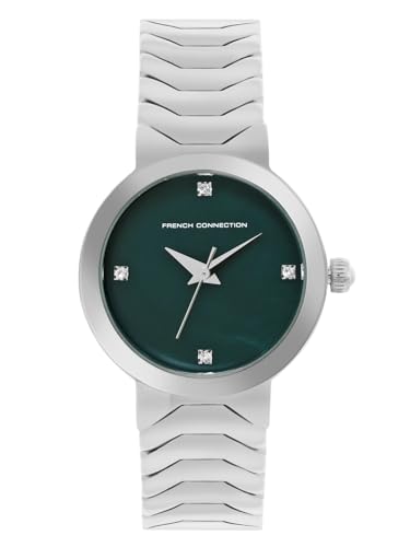 French Connection 3 Hands Green Round Dial Stainless Steel Strap | Casual | Premium | MOP Dial with Stones Feature | Wrist Watch for Women - FCH9SM