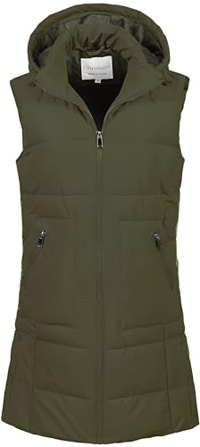 Chrisuno Women's Casual Long Puffer Quilted Vest Sleeveless Jacket Zip Up Insulated Padded Gilet Outerwear Army Green Large