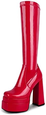 wetkiss Platform Boots for Women Knee High Gogo Boots Chunky High Heel Red Patent Leather Boots Square Toe Side Zip Stretch Stacked Boots