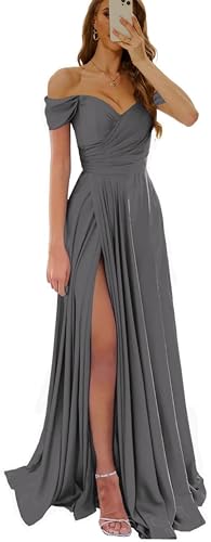 Wirunsy Women's Off Shoulder Prom Dresses A Line Corset Ruched Satin Bridesmaid Dress Long Formal Wedding Guest Party Gowns with Slit Grey Size US4