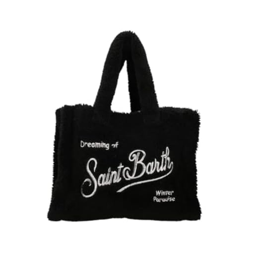 Saint Barth Mc2 Borsa Colette Nera In Orsetto con Ricamo Argentato Dimensioni: 30 x 20 x 12 cm