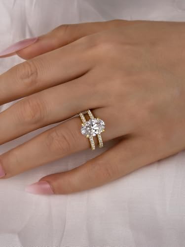 3.5CT 5A Grade Oval Cut Cubic Zirconia Double Band Engagement Ring for Women, 18K Yellow Gold Plated Sterling Silver Promise Ring4