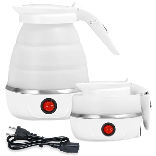 AUTOWNLUX Hervidor de agua plegable de silicona 0,6L, portátil, mini, para viajes, con cocción rápida de 5 minutos para acampada, senderismo, actividades al aire libre (Blanco)