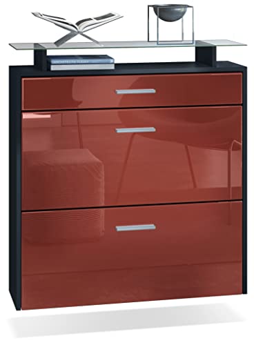 Vladon Meuble Chaussures Malea, Armoire à Chaussures Murale pour 16 Paires avec 2 clapets, 1 tiroir et 1 Tablette en Verre, Noir Mat/Bordeaux Haute Brillance...