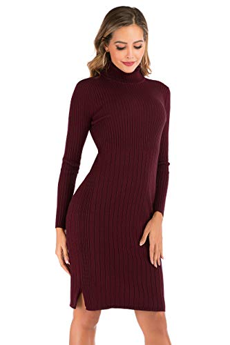 Enjoyoself Damen Rollkragen Strickkleid Elegant Rippstrick Knielanges Pullikleid Warme Figurbetonte Winterkleider für Freizeit,Weinrot,XL Cover