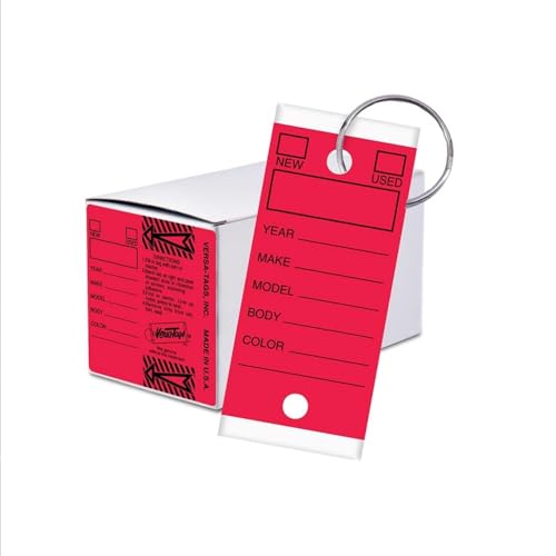 Red Premium Genuine Versa Car Key Tags for Auto Car Truck RV Dealerships - 250 per Box - Self Protecting Laminated Paper - Chrome-Plated Split Ring (Red)