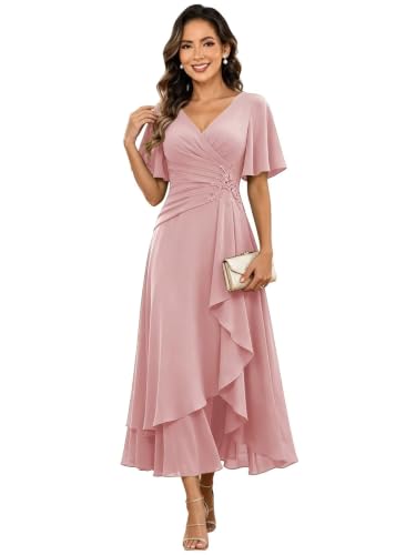 Azqncr Lace Tea Length Ruffle V Neck Mother of the Bride Dress with Sleeves