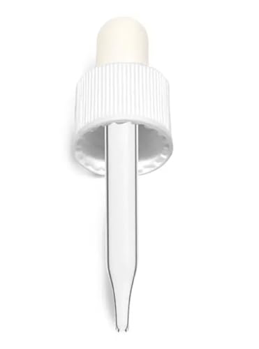 SKS Bottle & Packaging Dropper Caps - 13/415 White Bulb Bottle Caps with Clear Glass Pipettes for Oils and Liquids, Medicine Droppers - Made in USA, Pack of 48