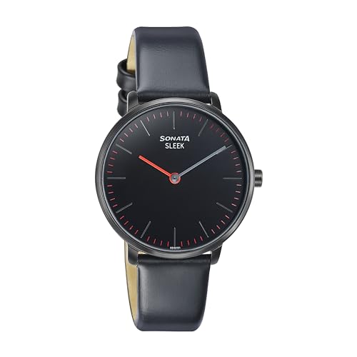 Image of Sonata Sleek Quartz Analog Black Dial Black Leather Strap Watch for Women-8191NL01