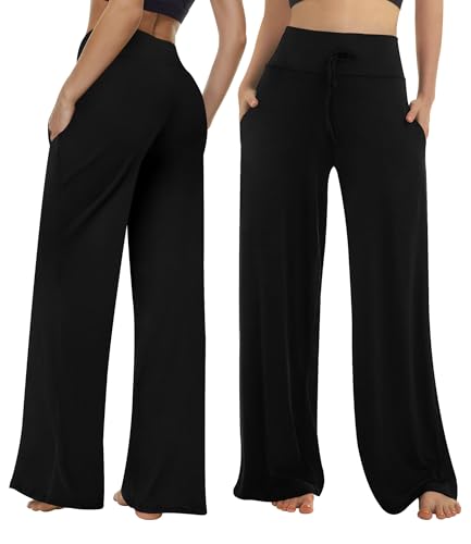 Image of ZOOSIXX Soft Black Pajama Pants for Women, Wide Leg Pants Woman Flowy Comfy Casual Lounge Yoga Capri Pants 22 inch / 30 inch