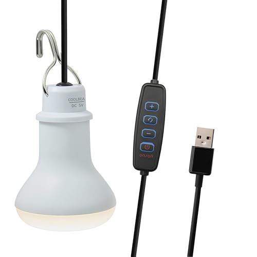 Coolbea USB Bulb Compact Outdoor Camping Light Emergency Lighting Garage & Van Use USB Powered Compatible with Portable Power Stations Solar Panel Includes Hook 86-inch Cable