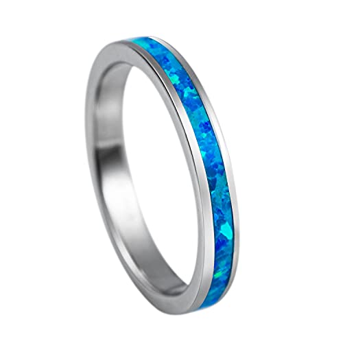 Aloha Jewelry Company 925 Sterling Silver 3mm Opal Stackable Wedding Ring Eternity Band, Blue White Opal, Rhodium Plated, Hypoallergenic for Sensitive Skin, Gift Box Included