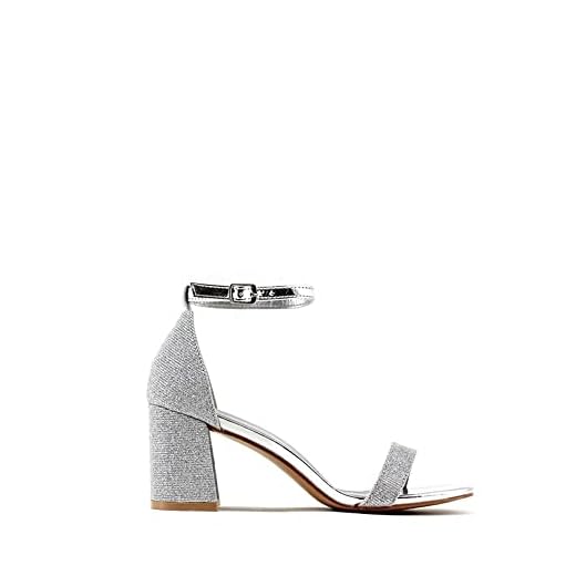 MODELISA - Sandalia Tacón Ancho Brillo Fiesta Hebilla Pulsera Tobillo Punta Abierta Mujer (Plata, numeric_38)