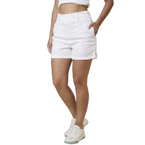 Image of Globus Women White Self Design High-Rise Regular Fit Schiffli Short-3637120001