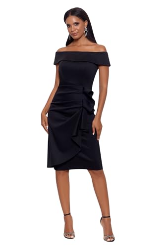 Xscape Women's Knee Length Off-The-Shoulder Scuba Side Ruched Dress