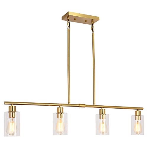 Image of 4-Light Brushed Brass Kitchen Island Chandelier with Glass Shades