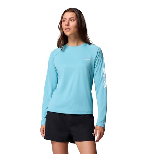Columbia Womens PFG Tidal Tee II Long Sleeve Sun Protection Shirt, Vintage Blue/White Logo, Large