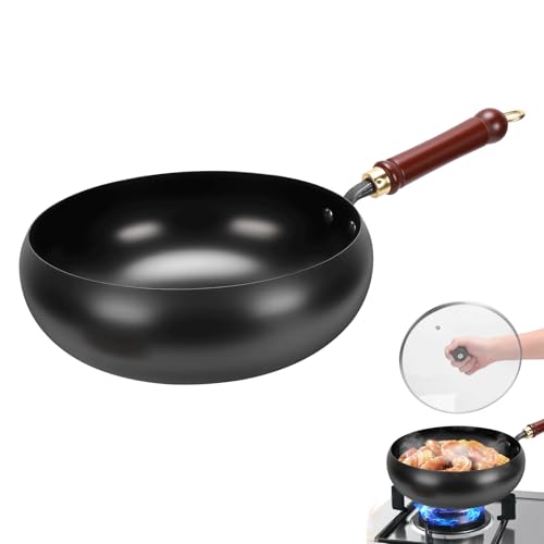 Gugxiom Sartén japonesa de hierro con tapa de madera, 28 cm, sin revestimiento, con espátula, forjada a mano, sartén wok de hierro fundido para cocinas eléctricas/inducción/cocinas de gas (tapa de