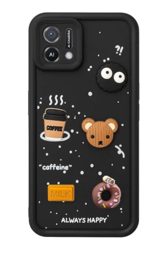 Image of Bintage Cute Fun Ball | Taddy Cartoon 3D Smiley Coffee Cup | Milk Donut | Full Protection Rubber Back Cover Compatible for Oppo CPH2349 / Oppo A16k - Black
