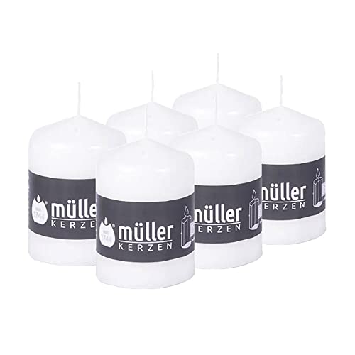 Müller Bougies Piliers - 57 x 81 mm - Longue Durée de Combustion : 15 Heures - Sans Parfum, Cire Anti-gouttes, Sans Odeur - Protection anti-incendie BSS - Qualité RAL (blanc, 6 pièces) Cover