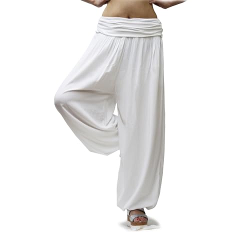 Gloop Damen Pumphose Haremhose Freizeithose Sommerhose Hose in Blumen Muster oder UniFarben HS201701, Weiss 13090a1, M/L Gloop Damen Pumphose Haremhose Freizeithose Sommerhose Hose in Blumen Muster oder UniFarben HS201701, Weiss 13090a1, M/L