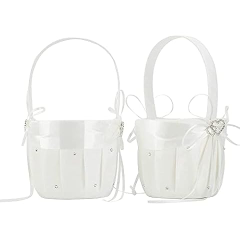 Amajoy 2pcs Playa Boda Flores niña Cesta de Marfil Flor Cesta con Doble corazón Rhinestone Decor Cover