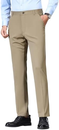 Mylldey Men's Regular Fit Dress Pants Casual Business Flat Front Mens Wrinkle Free Comfort Stretch Pants (208 Khaki-34)