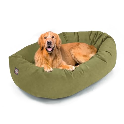 Image of Majestic Pet Suede Shredded Memory Foam Mix Calming Dog Bed Washable - Cozy Soft Round Dog Bed with Spine for Head Support - Fluffy Donut Dog Bed, 40 Inch, Sage