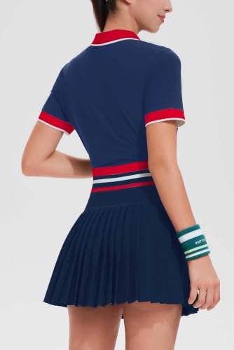 Image of Tennis Skirt Sets for Women Zipper Color Block High Waisted Golf Polo Two Piece Skirt Set Women 2 Piece Outfits