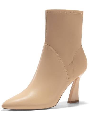 Coutgo Women's Pointed Toe High Heel Ankle Boots Patent Faux Leather Suede Splicing Slip On Fashion Booties