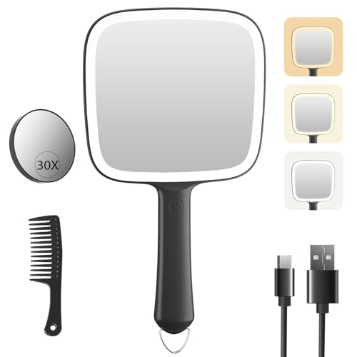 Famihomii Rechargeable 2000mAh Lighted Handheld Mirror 3 Color Lighting Modes & Dimmable Hand Mirror with 30X Magnifying Detachable Mirror Portable & Hangable for Makeup Hair Styling Shaving