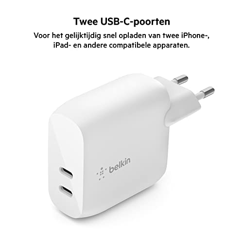 Belkin WCB006vfWH 40 W USB-C PD wandlader (twee USB-C-poorten voor 20 W Power Delivery per poort, voor het snel opladen van iPhone 12, 12 Pro, 12 Pro Max, Mini, iPad Pro, Samsung Galaxy en meer),Eén maat,wit - Afbeelding 3
