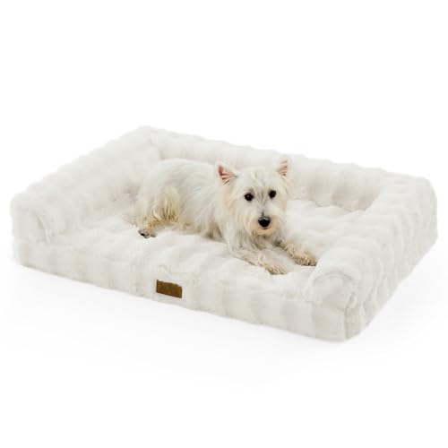 COZY KISS Faux Rabbit Fur Orthopedic Dog Bed, Dog Bed for Large Size, Supportive Foam Pet Sofa with Waterproof Lining Cover, Washable U-Shaped Pet Couch with Anti-Slip Bottom, Beige L 36x27x6.5 inch