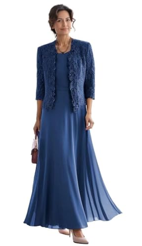 2 Piece Mother of The Bride Dresses with Jacket Lace Chiffon Tea Length 3/4 Sleeve Formal Dress for Women WQ11