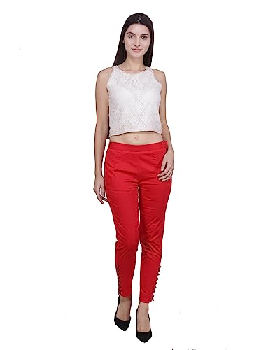 Image of POPWINGS Women Casual Mid Rise Stretchable Red Cotton Trouser