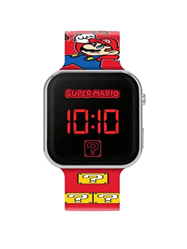 Accutime GSM4107 LED Kinderuhr Super Mario, Digitaluhr mit LED-Anzeige für Uhrzeit und Datum, Weiches Acryl-Armband, Lange Batterielaufzeit, Abschalt Automatik, Uhr für Jungen und Mädchen, Rot